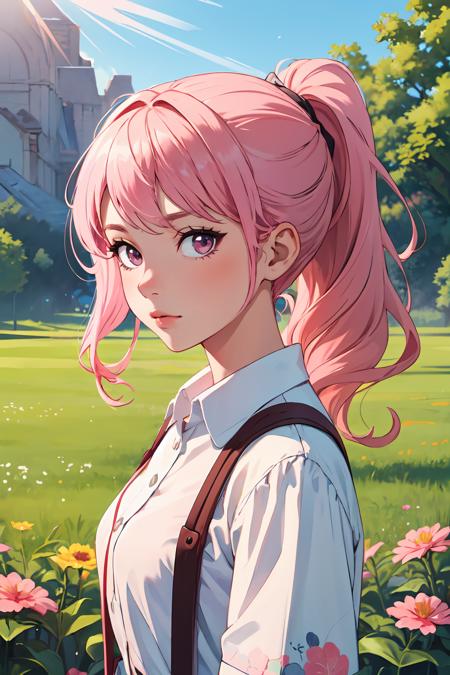 437791-4200081884-masterpiece, best quality,1girl,wavy hair,looking at viewer,upper body,suspenders,floral print,ponytail,pink hair,sunlight,scene.png